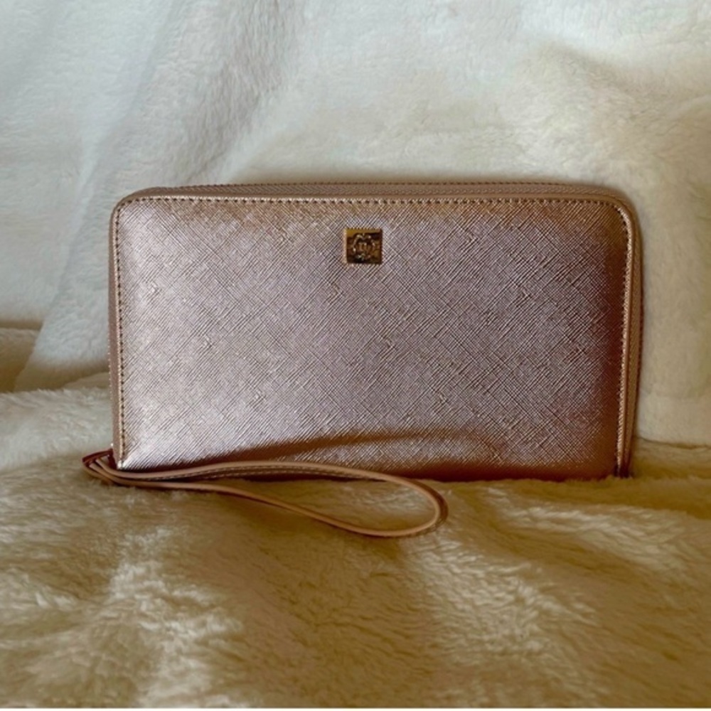 Nanette Lepore rose gold metallic cross grain zip around wristlet wallet